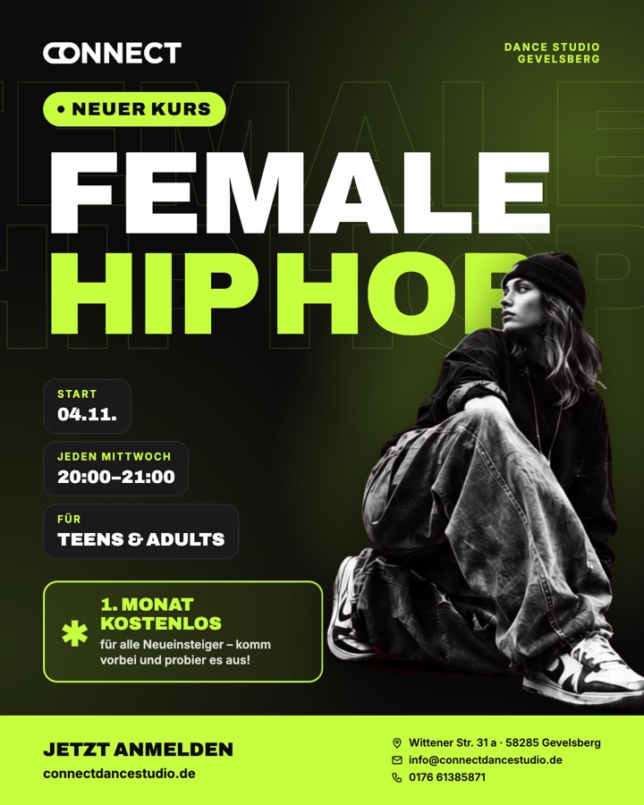 Instagram-Beitrag: Neuer Kurs Female Hip Hop ab 04.11., jeden Mittwoch 20–21 Uhr